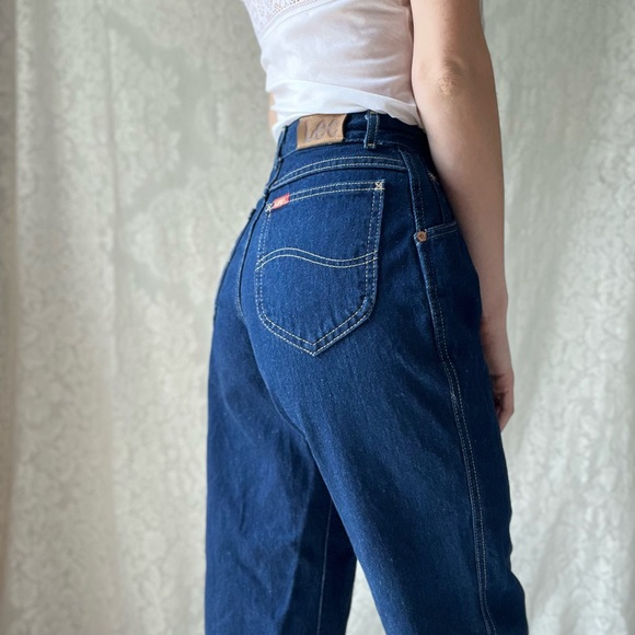 Vintage Lee High Waisted Mom Jeans 80s Tapered Dark Wash Denim 24x31 USA Made - Picture 12 of 12